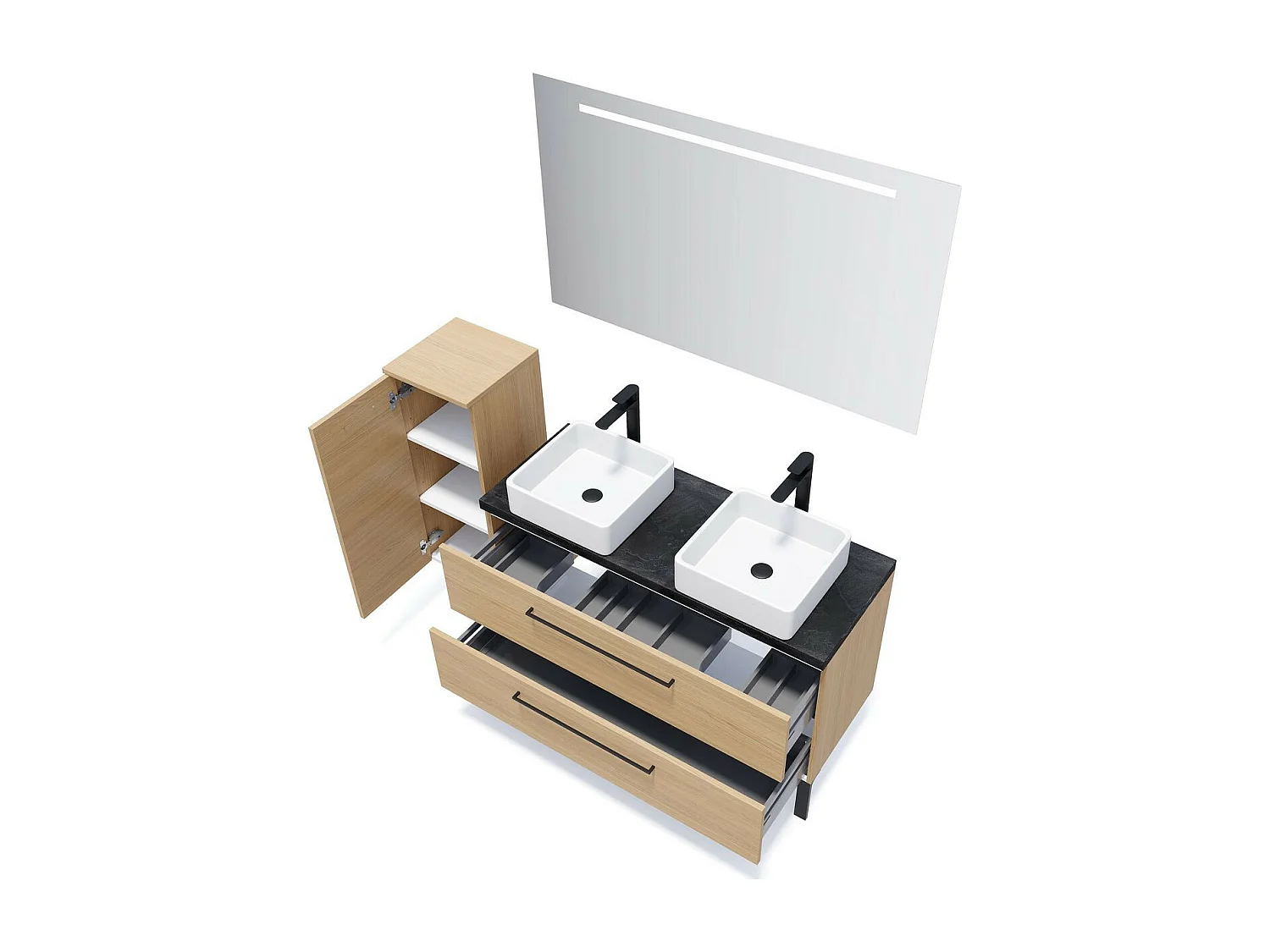 Meuble de salle de bain suspendu 2 vasques à poser 120cm 2 tiroirs Chêne clair + miroir - Glasgow