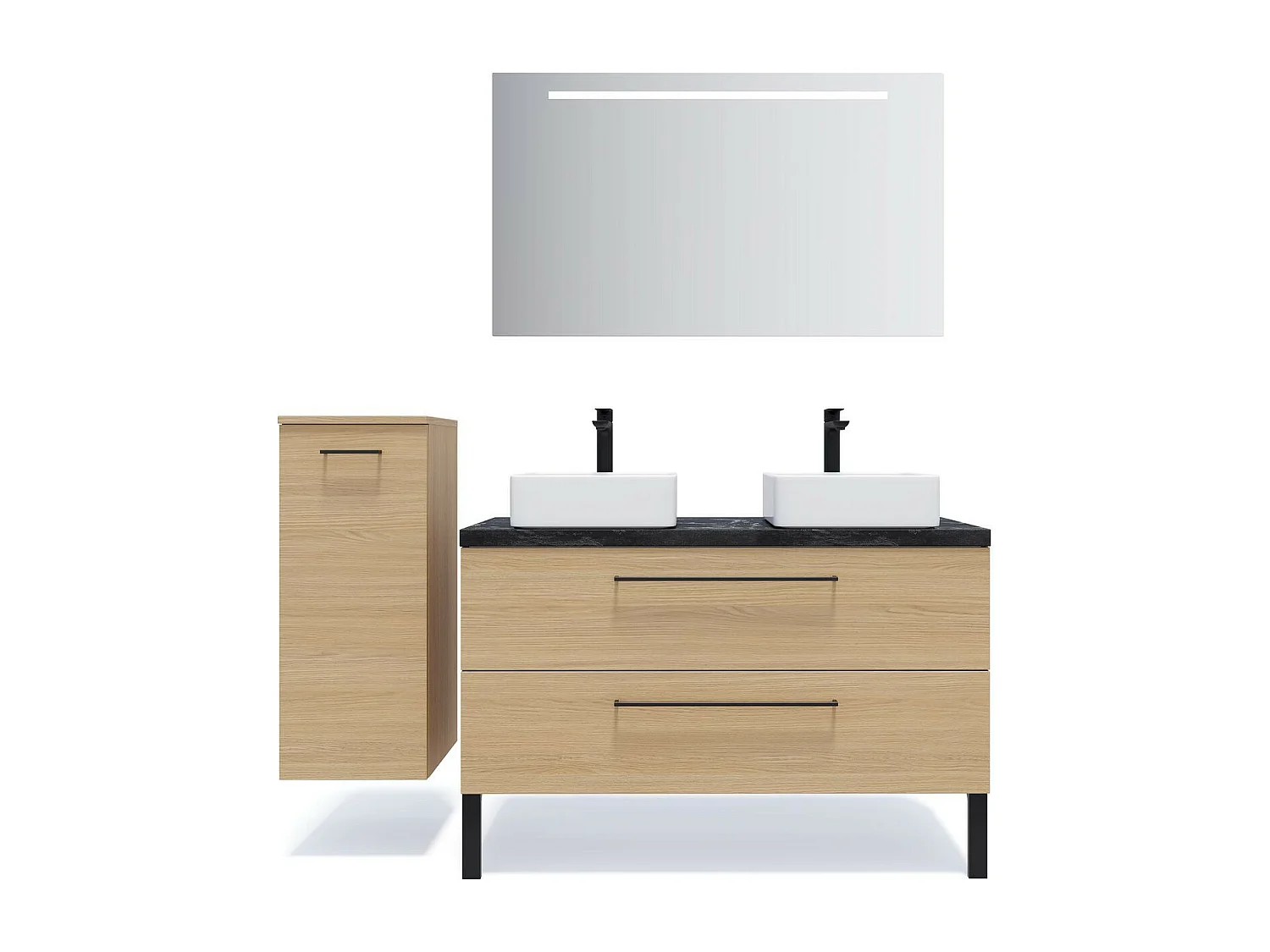 Meuble de salle de bain suspendu 2 vasques à poser 120cm 2 tiroirs Chêne clair + miroir - Glasgow