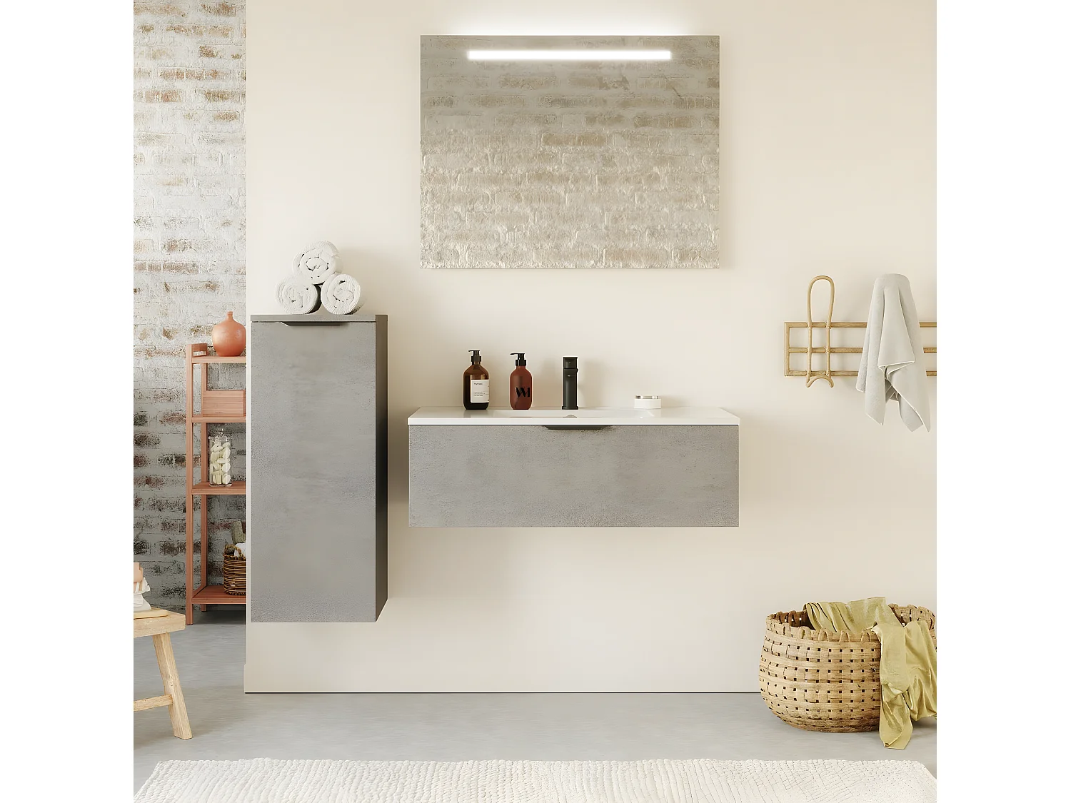 Meuble de salle de bain suspendu vasque intégrée 90cm 1 tiroir façon Béton + miroir - Venice