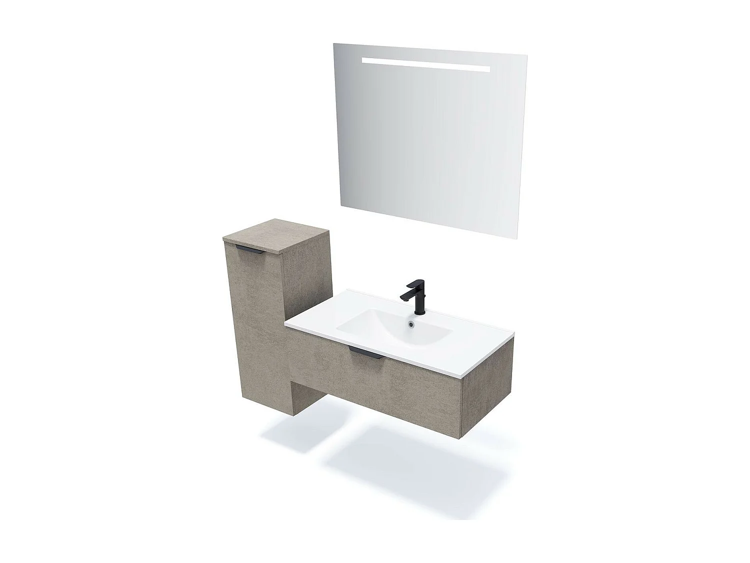 Meuble de salle de bain suspendu vasque intégrée 90cm 1 tiroir façon Béton + miroir - Venice