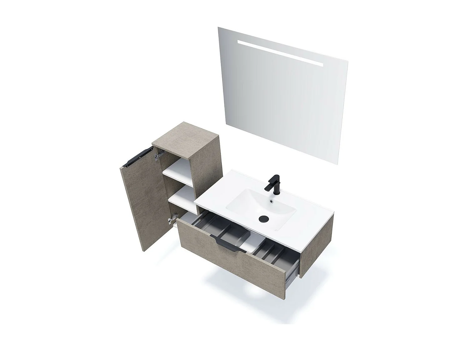 Meuble de salle de bain suspendu vasque intégrée 90cm 1 tiroir façon Béton + miroir - Venice