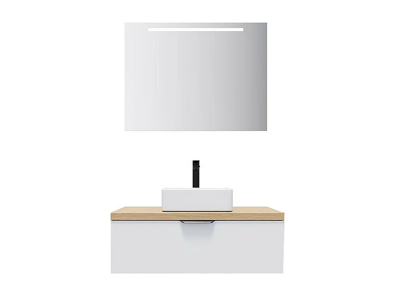 Meuble de salle de bain suspendu vasque à poser 90cm 1 tiroir Blanc + miroir - Soho