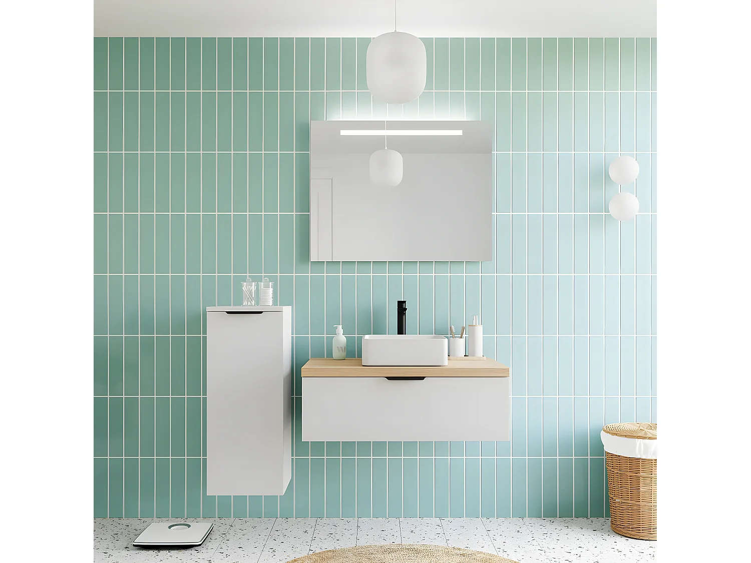 Meuble de salle de bain suspendu vasque à poser 90cm 1 tiroir Blanc + miroir - Soho