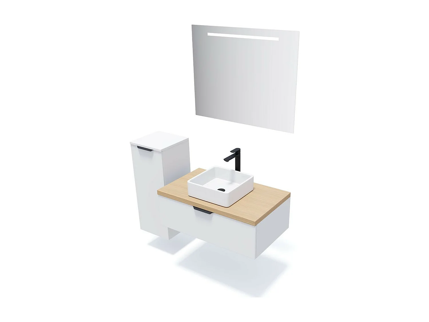 Meuble de salle de bain suspendu vasque à poser 90cm 1 tiroir Blanc + miroir - Soho
