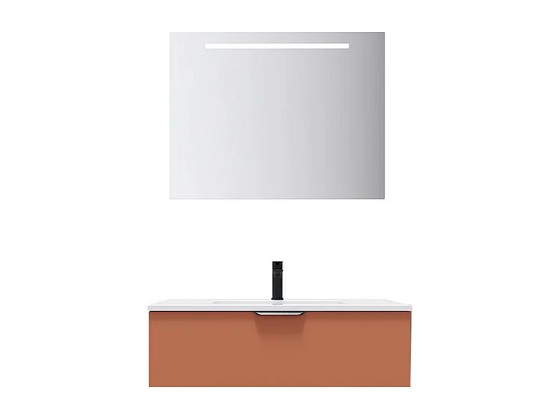 Meuble de salle de bain suspendu vasque intégrée 90cm 1 tiroir Terracotta + miroir - Soho