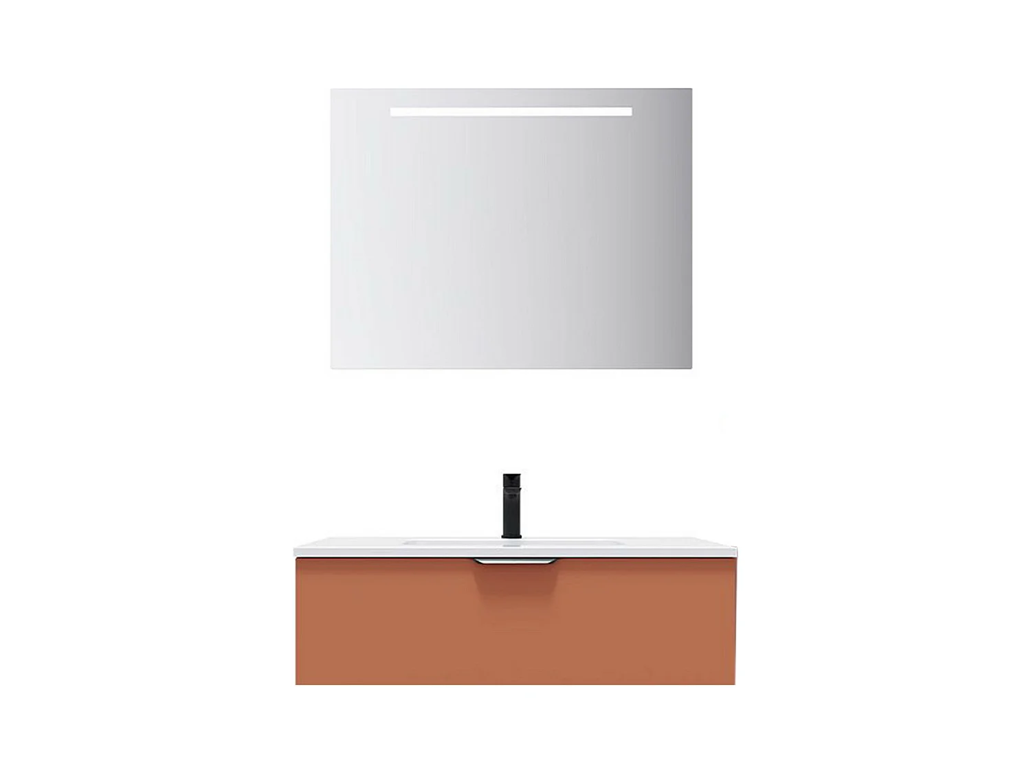 Meuble de salle de bain suspendu vasque intégrée 90cm 1 tiroir Terracotta + miroir - Soho