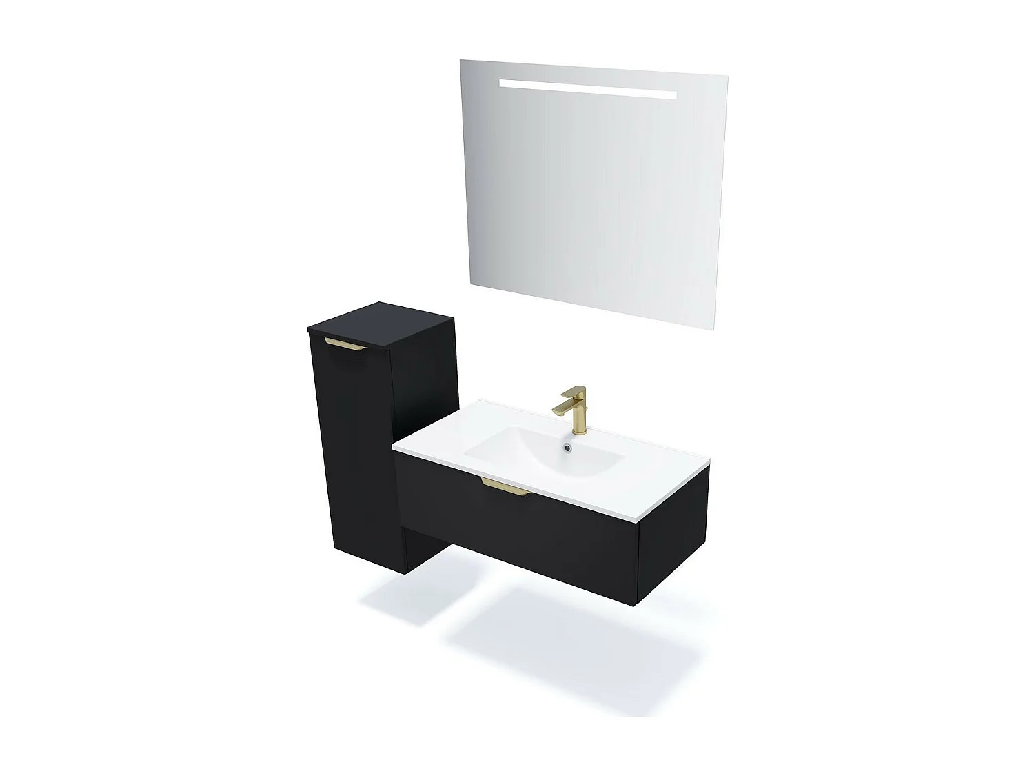 Meuble de salle de bain suspendu vasque intégrée 90cm 1 tiroir Noir + miroir - Venice