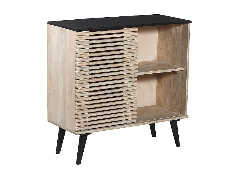 VENITIEN - Meuble d'entrée en Manguier Massif et Noir Façade Ajourée Coulissante