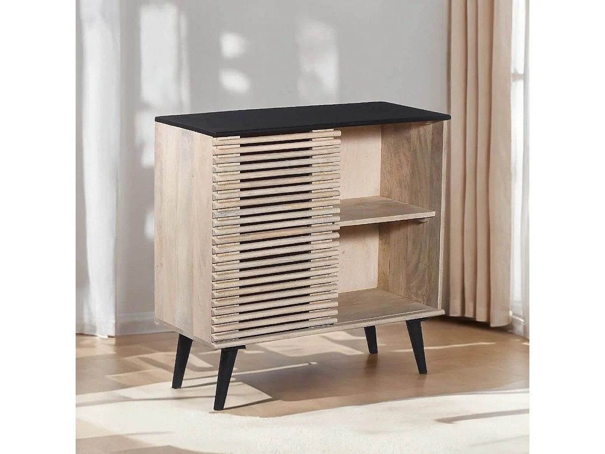 VENITIEN - Meuble d'entrée en Manguier Massif et Noir Façade Ajourée Coulissante