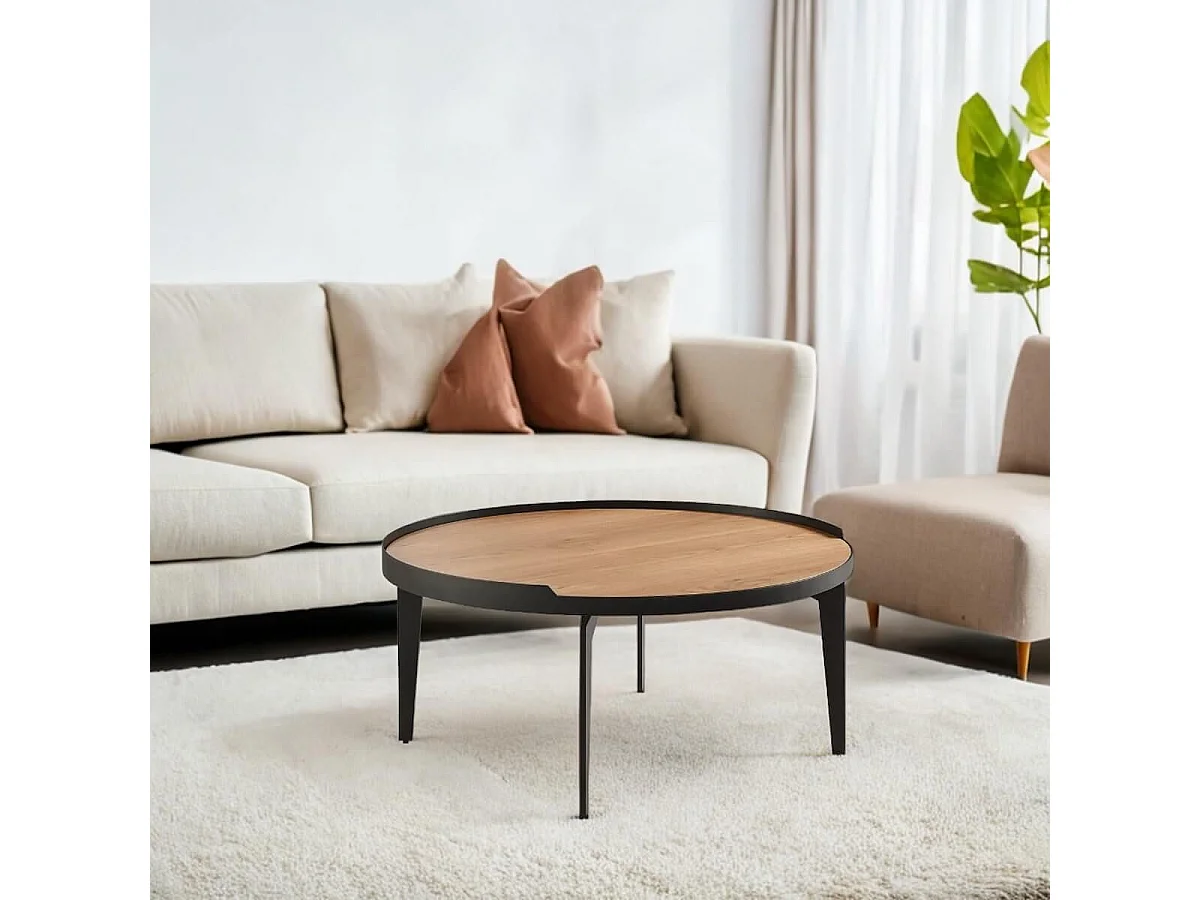 FLECHER - Table Basse Plaquée Chêne Cadre Métal Gris Antrhacite