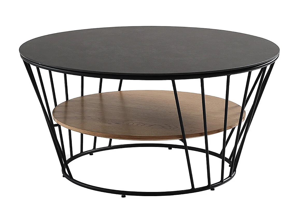 SONIA - Table Basse Métal Plateaux Céramique Noire et Plaqué Chêne