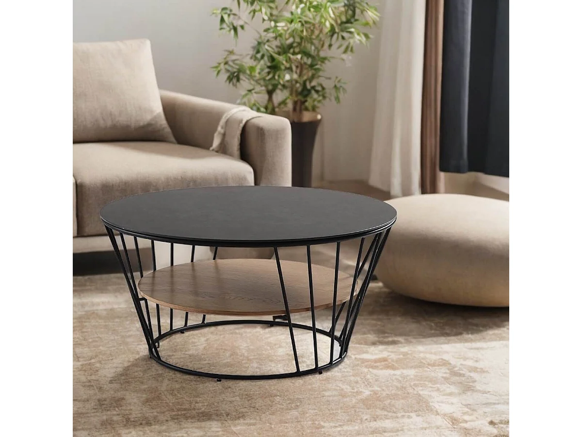 SONIA - Table Basse Métal Plateaux Céramique Noire et Plaqué Chêne