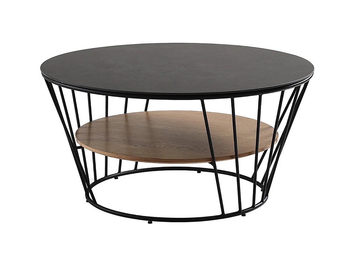 SONIA - Table Basse Métal Plateaux Céramique Noire et Plaqué Chêne