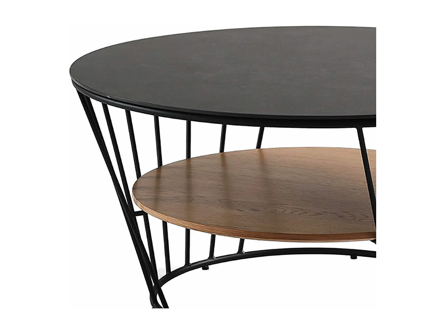 SONIA - Table Basse Métal Plateaux Céramique Noire et Plaqué Chêne