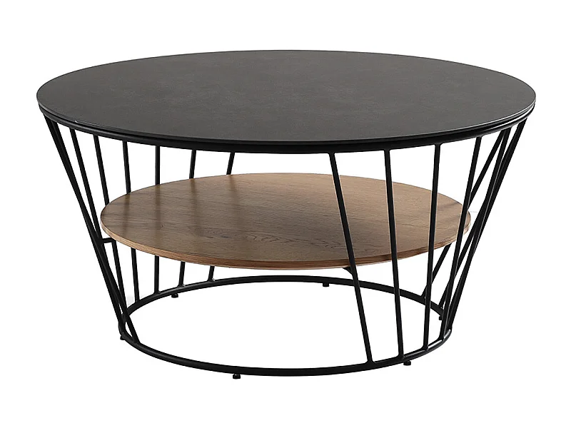 SONIA - Table Basse Métal Plateaux Céramique Noire et Plaqué Chêne