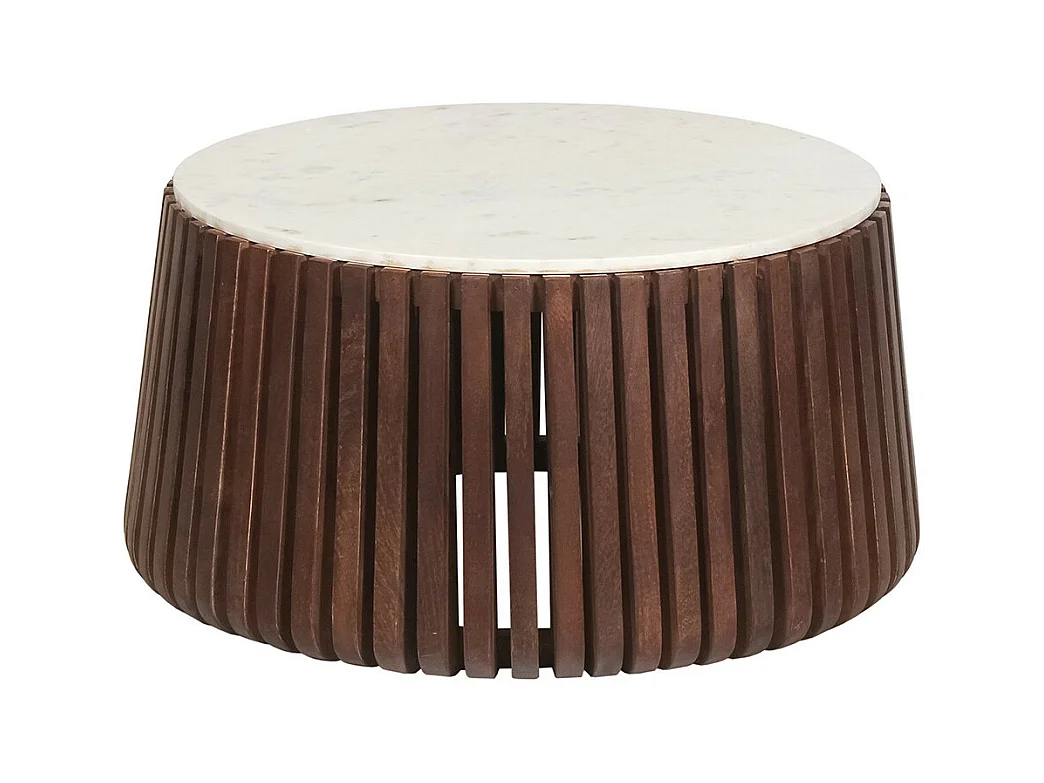 HOLDEN - Table Basse en Marbre Blanc et Socle en Manguier Teinté Noyer