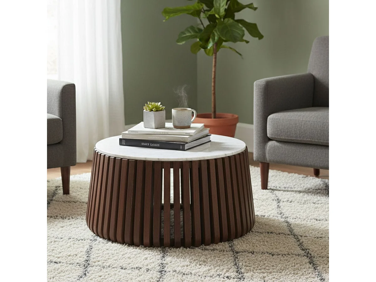 HOLDEN - Table Basse en Marbre Blanc et Socle en Manguier Teinté Noyer