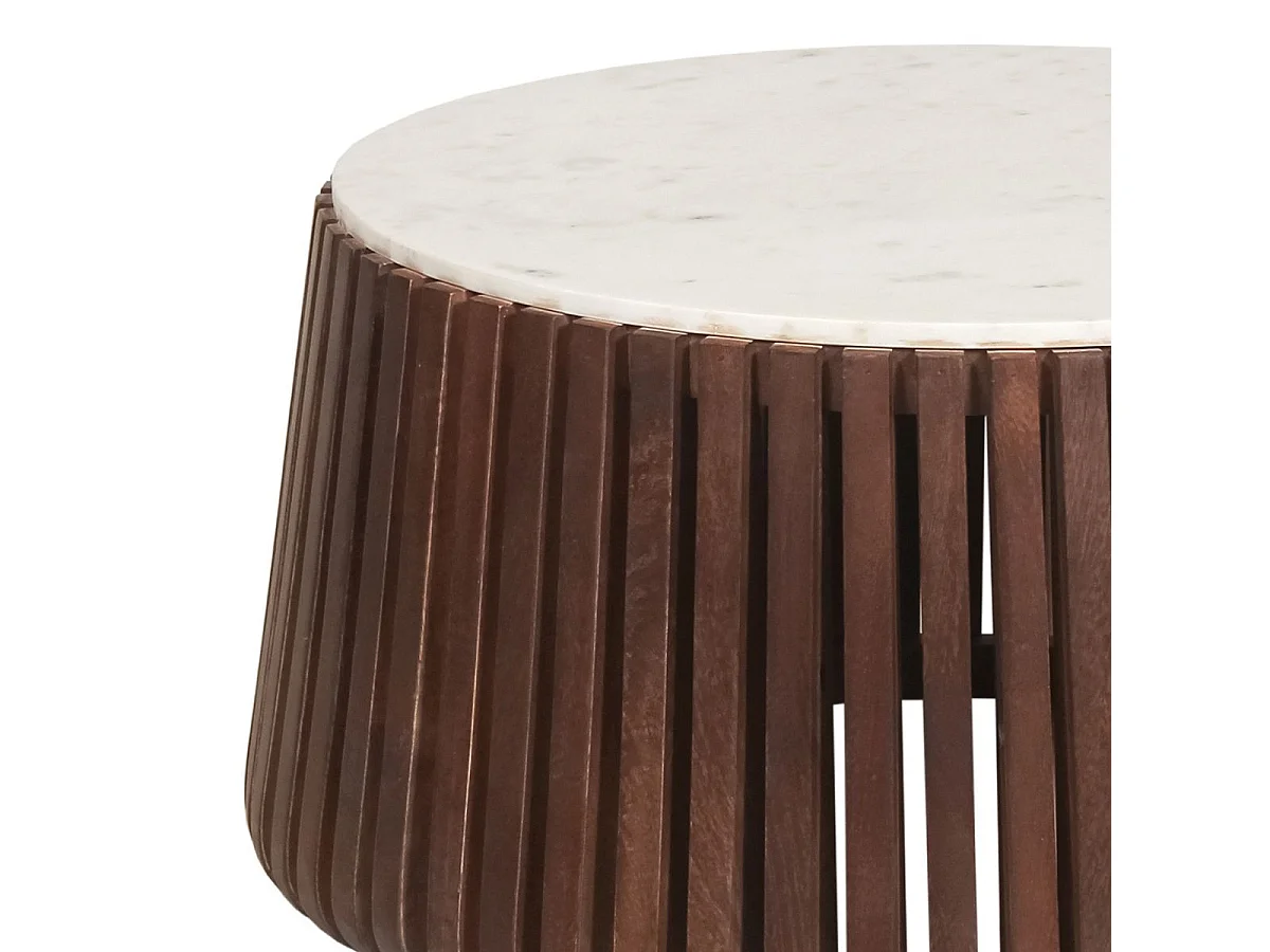 HOLDEN - Table Basse en Marbre Blanc et Socle en Manguier Teinté Noyer