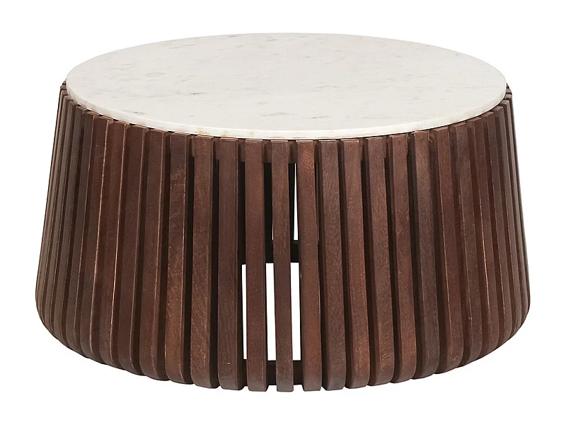 HOLDEN - Table Basse en Marbre Blanc et Socle en Manguier Teinté Noyer