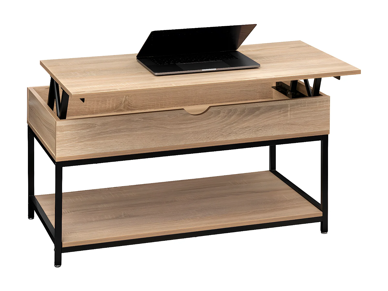 Table basse avec plateau relevable Effet chêne naturel et Métal noir L 95 cm
