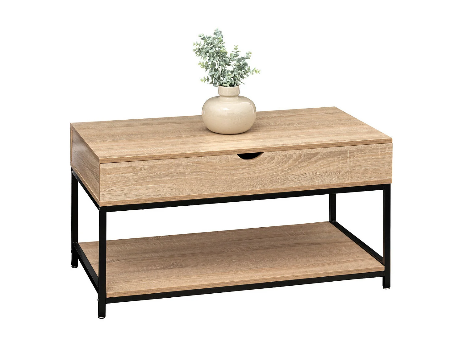 Table basse avec plateau relevable Effet chêne naturel et Métal noir L 95 cm