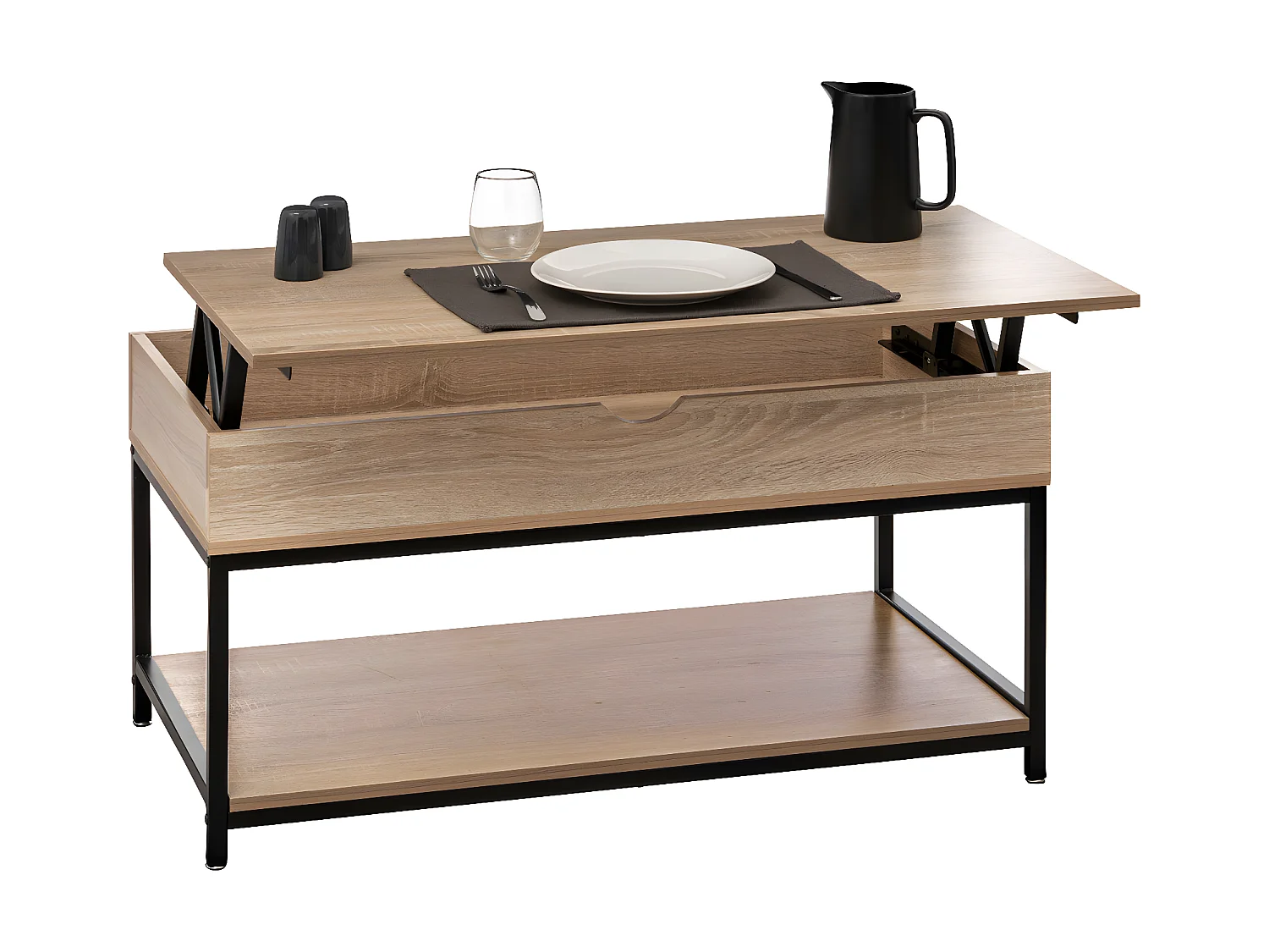 Table basse avec plateau relevable Effet chêne naturel et Métal noir L 95 cm