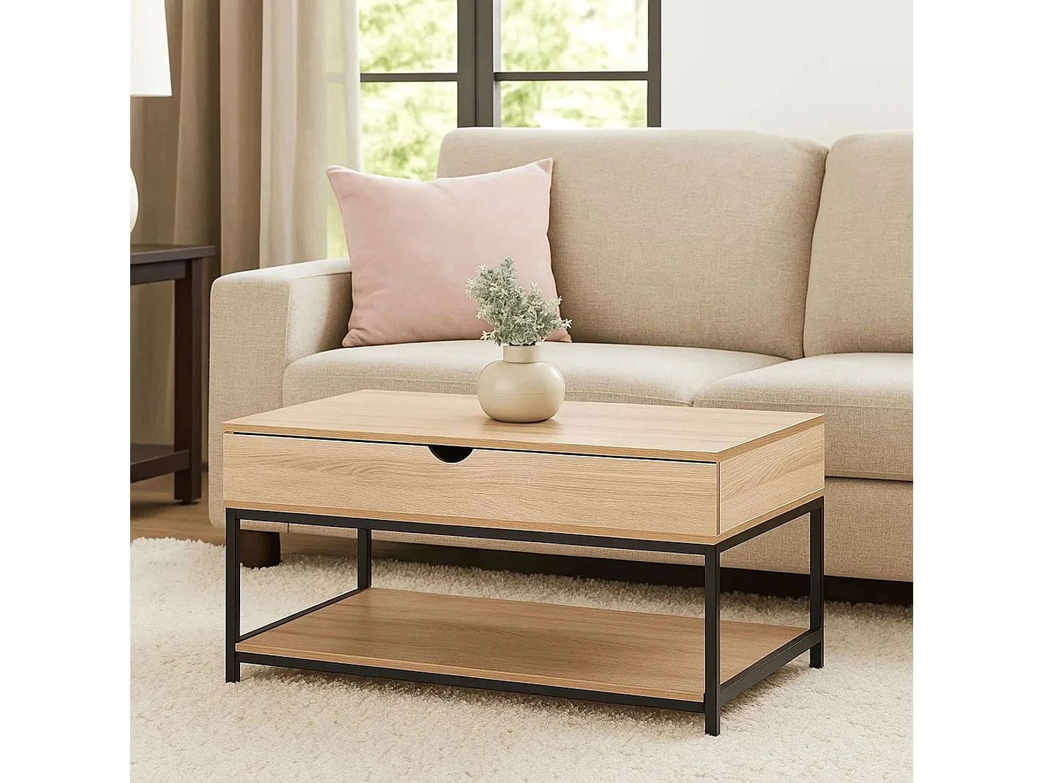 Mesa de centro elevable Aliaj Negro y Roble Claro 95x50 cm