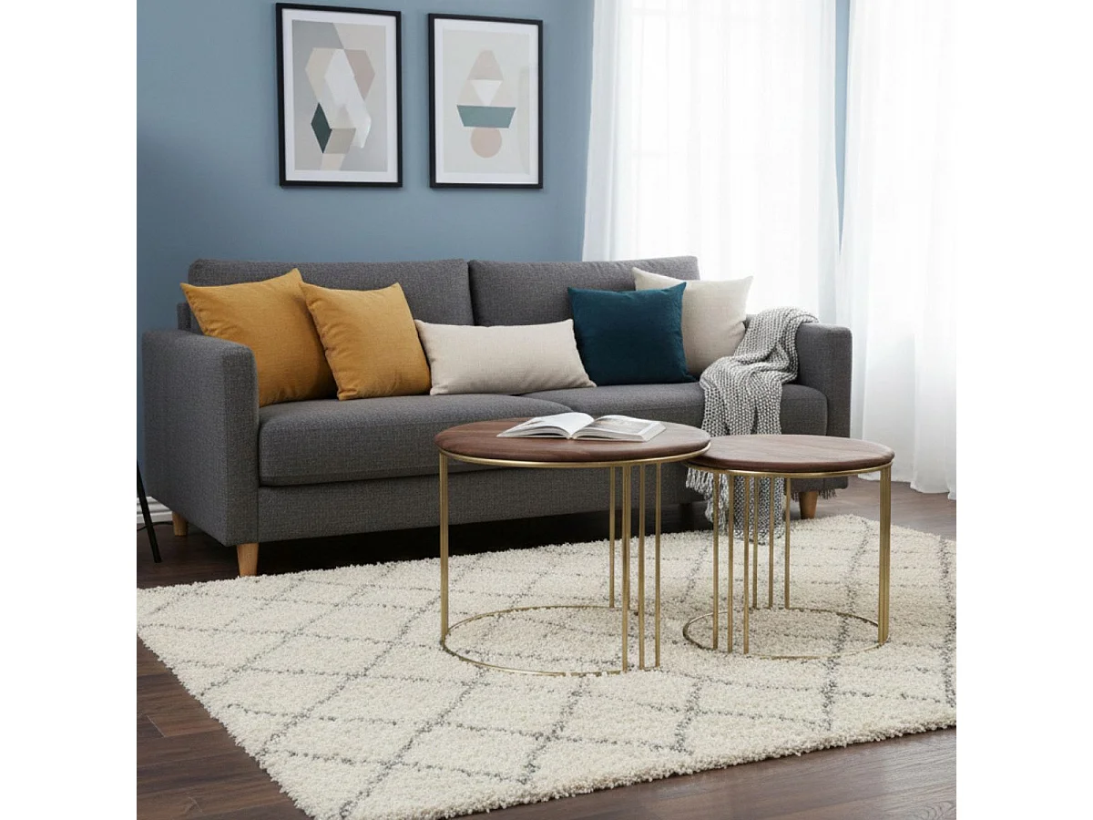 RANDY - Lot de 2 Tables Gigogne Plateau en Acacia Massif Piètement Acier Doré