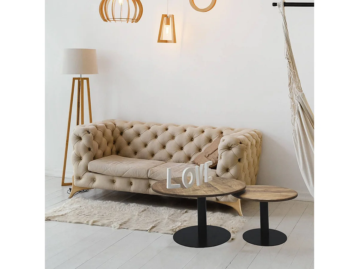 NADINE - Lot de 2 Tables Plateau Manguier Massif Pieds Métal Noir