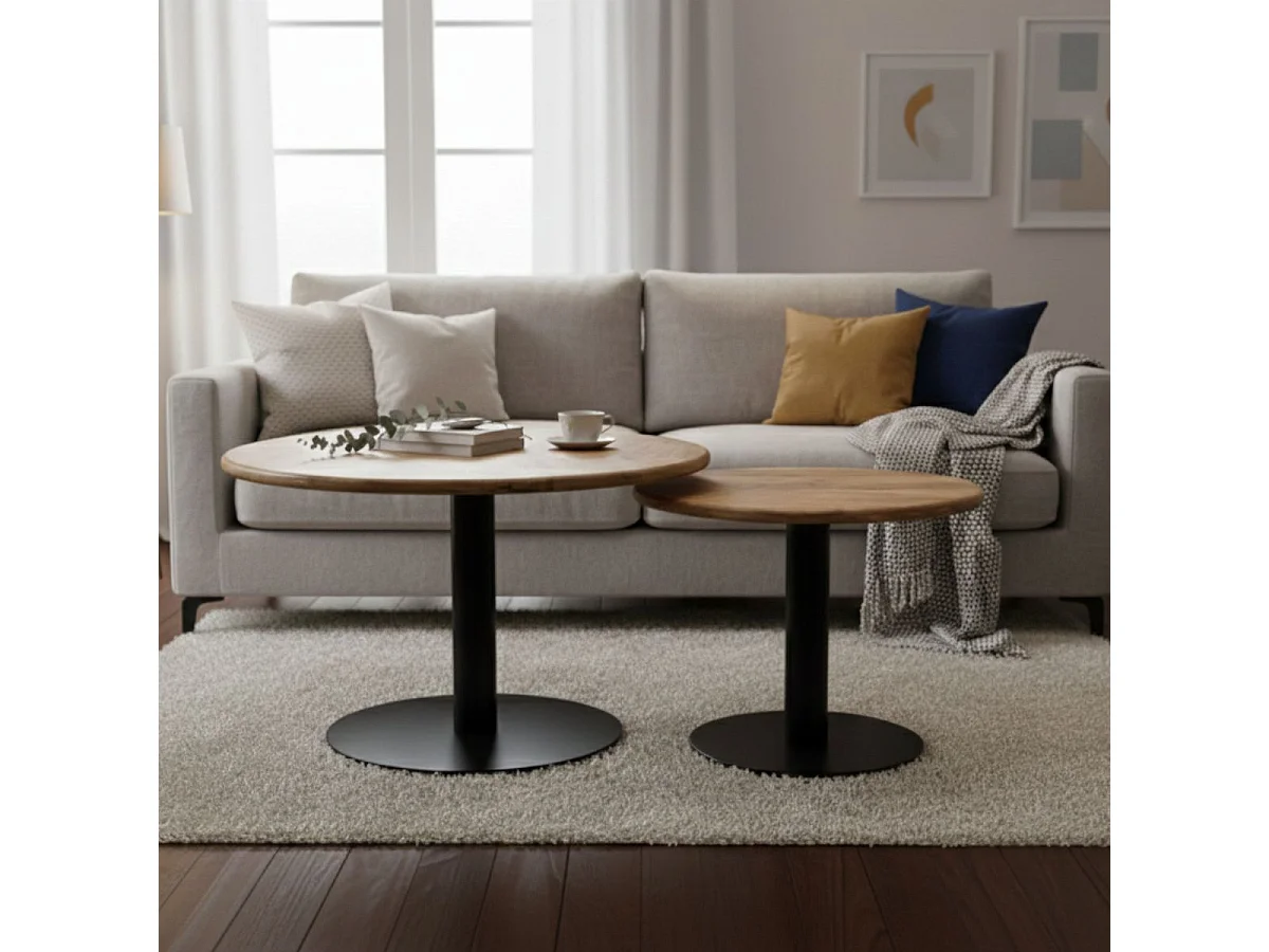 NADINE - Lot de 2 Tables Plateau Manguier Massif Pieds Métal Noir