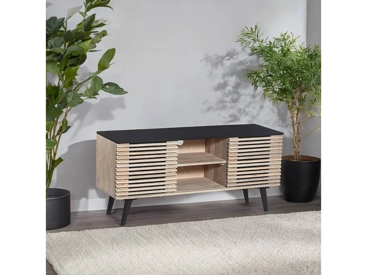 VENITIEN - Meuble TV en Manguier Massif et Noir Façades Ajourées Coulissantes