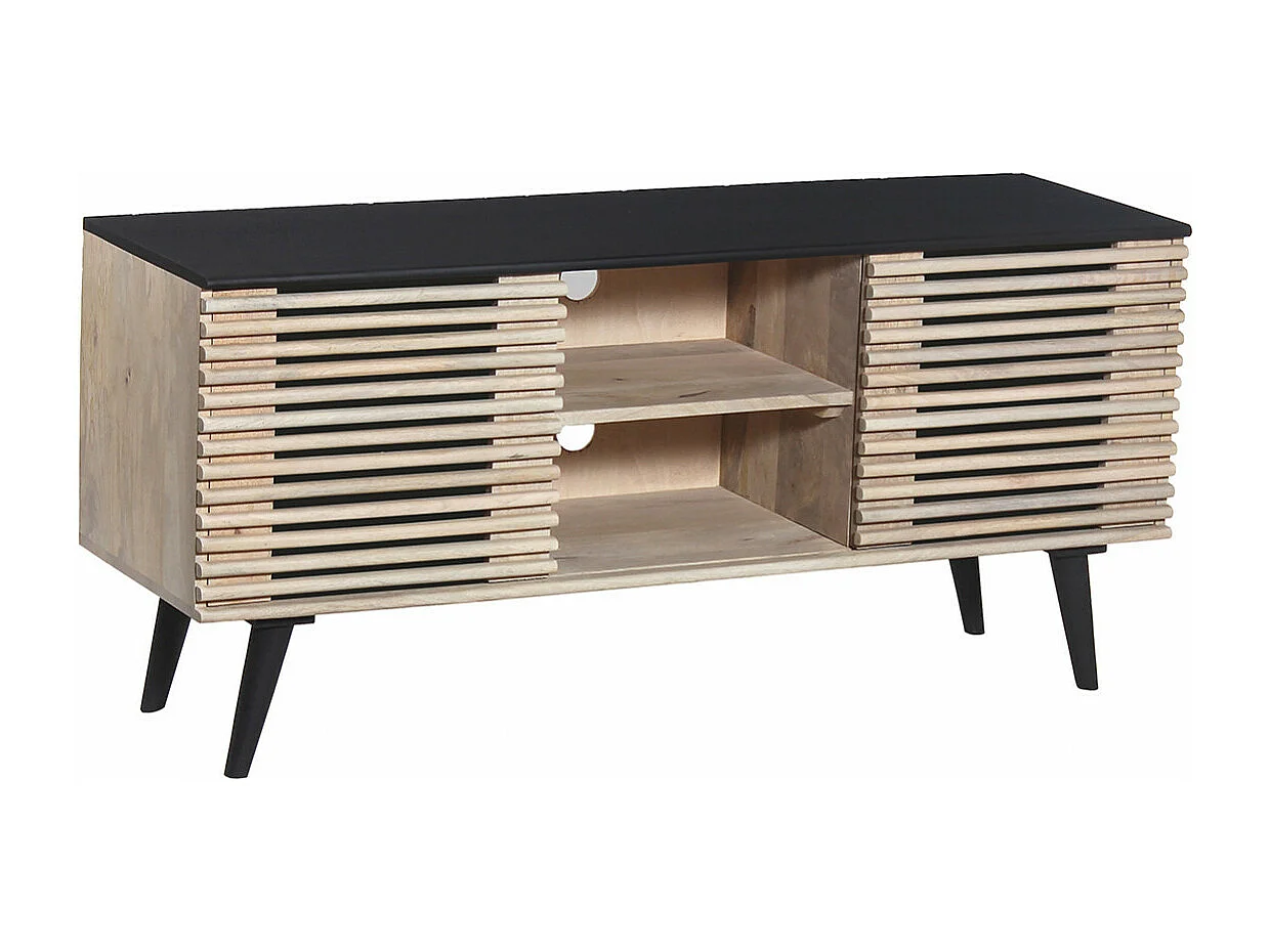 VENITIEN - Meuble TV en Manguier Massif et Noir Façades Ajourées Coulissantes