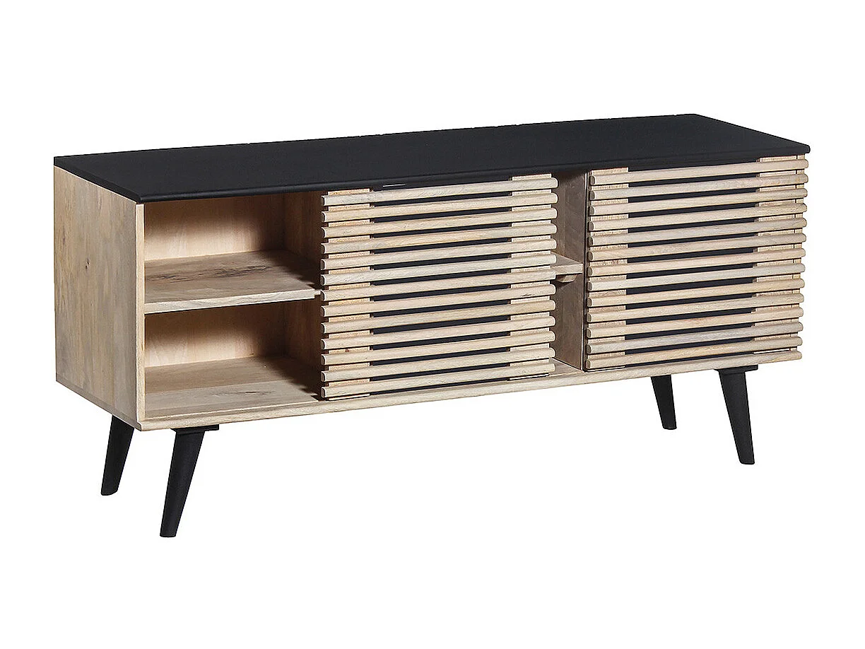 VENITIEN - Meuble TV en Manguier Massif et Noir Façades Ajourées Coulissantes