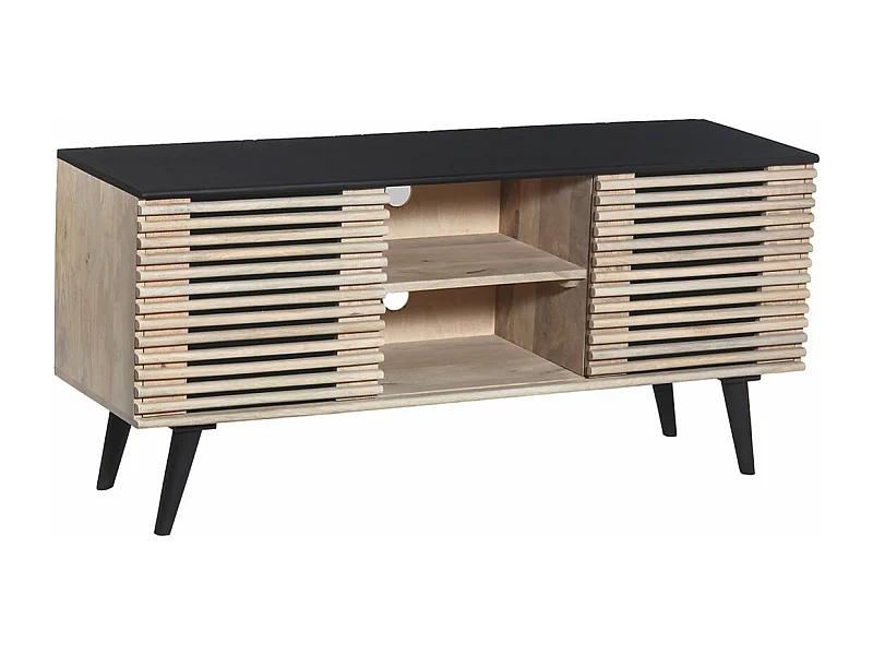 VENITIEN - Meuble TV en Manguier Massif et Noir Façades Ajourées Coulissantes