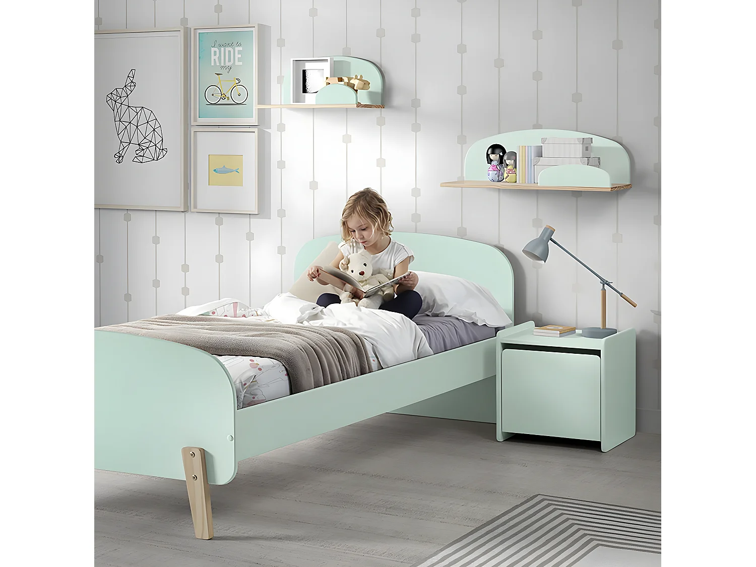 BODHI MINT - Pack Lit 90x200cm + Chevet 1 Porte Vert Menthe