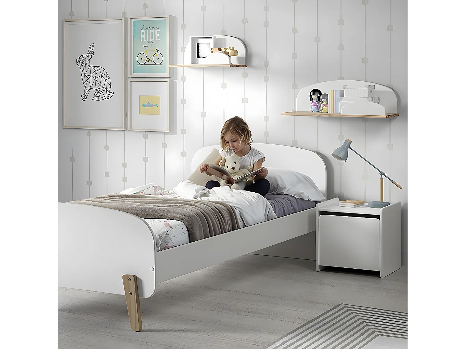 BODHI WHITE - Pack Lit 90x200cm + Chevet 1 Porte Blanc