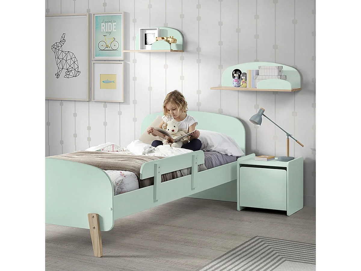 BODHI MINT - Lit 90x200cm avec Barrière de Lit + Chevet