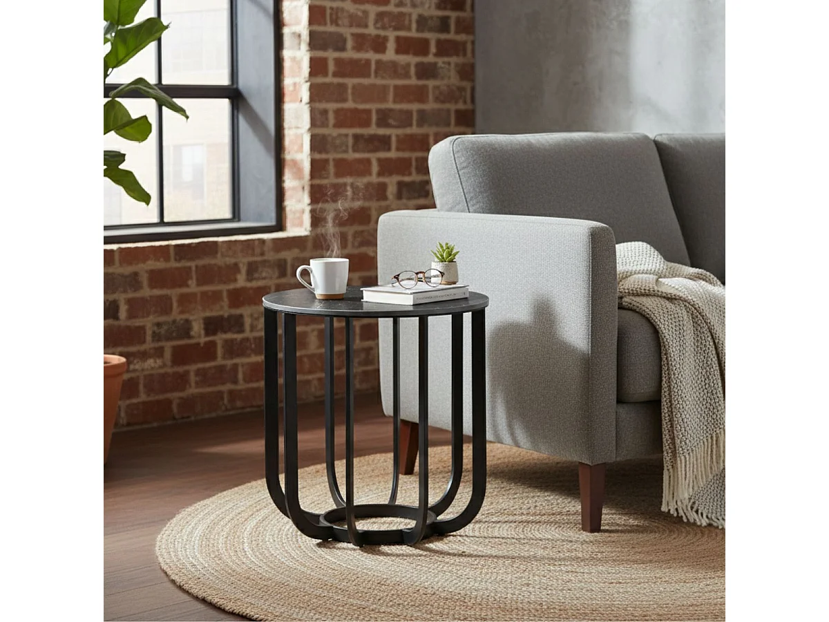 KLODIE - Bout de Canapé Rond Plateau Céramique Marbré Cadre Métal Gris Anthracite