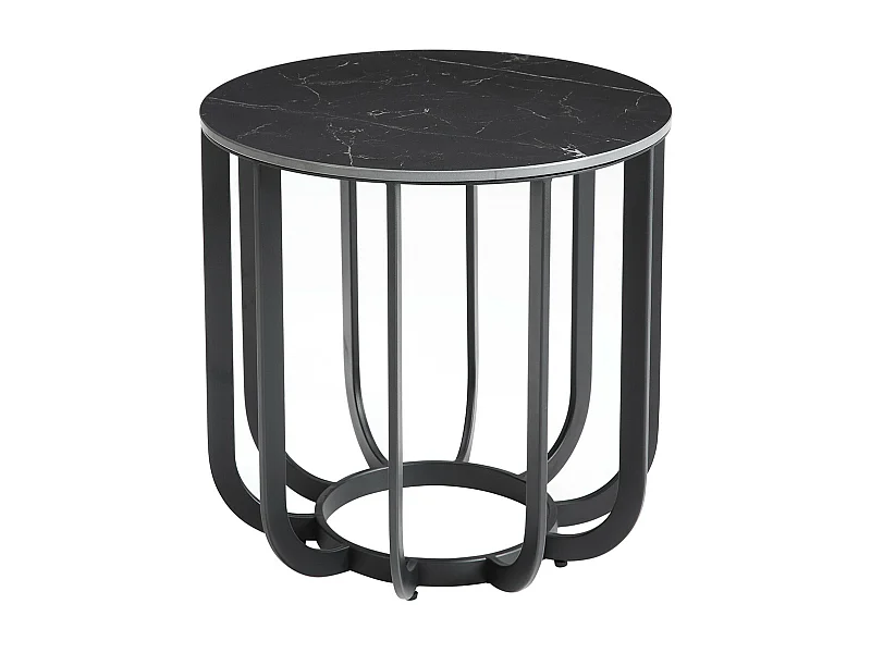 KLODIE - Bout de Canapé Rond Plateau Céramique Marbré Cadre Métal Gris Anthracite