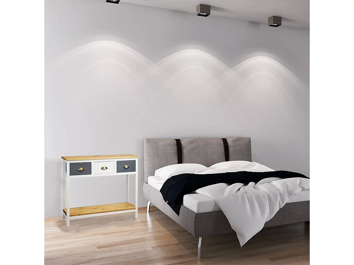 PATTY - Console 3 Tiroirs en Pin Teinté Gris et Blanc 2 Plateaux Naturel