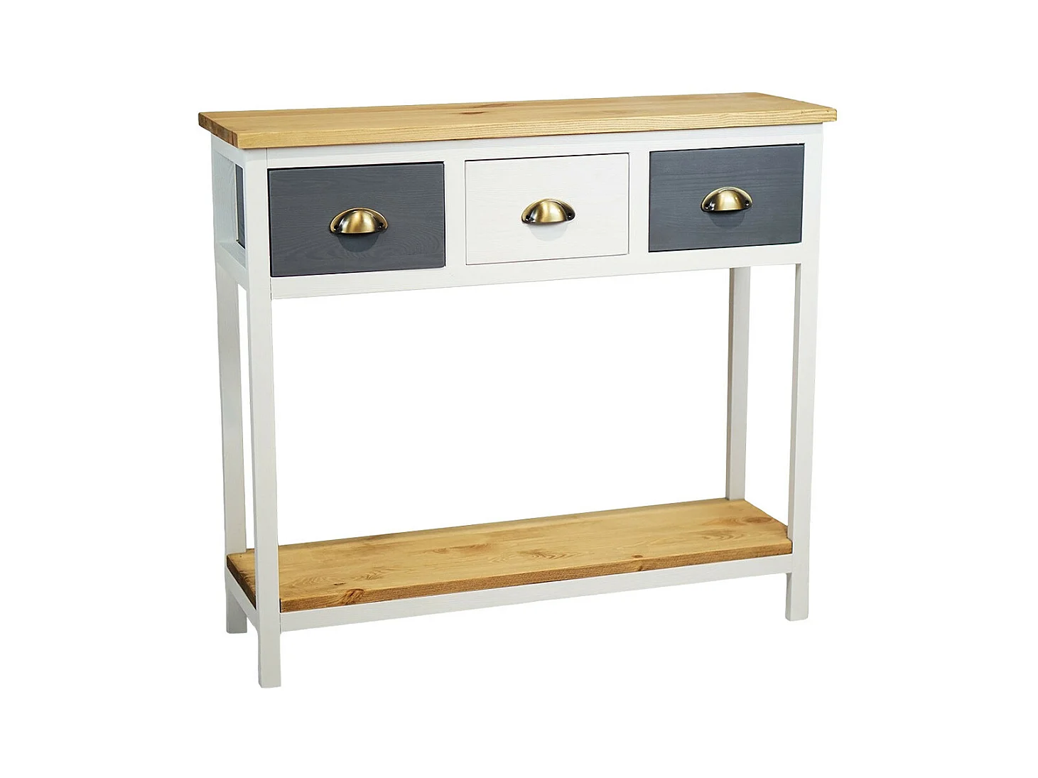 PATTY - Console 3 Tiroirs en Pin Teinté Gris et Blanc 2 Plateaux Naturel