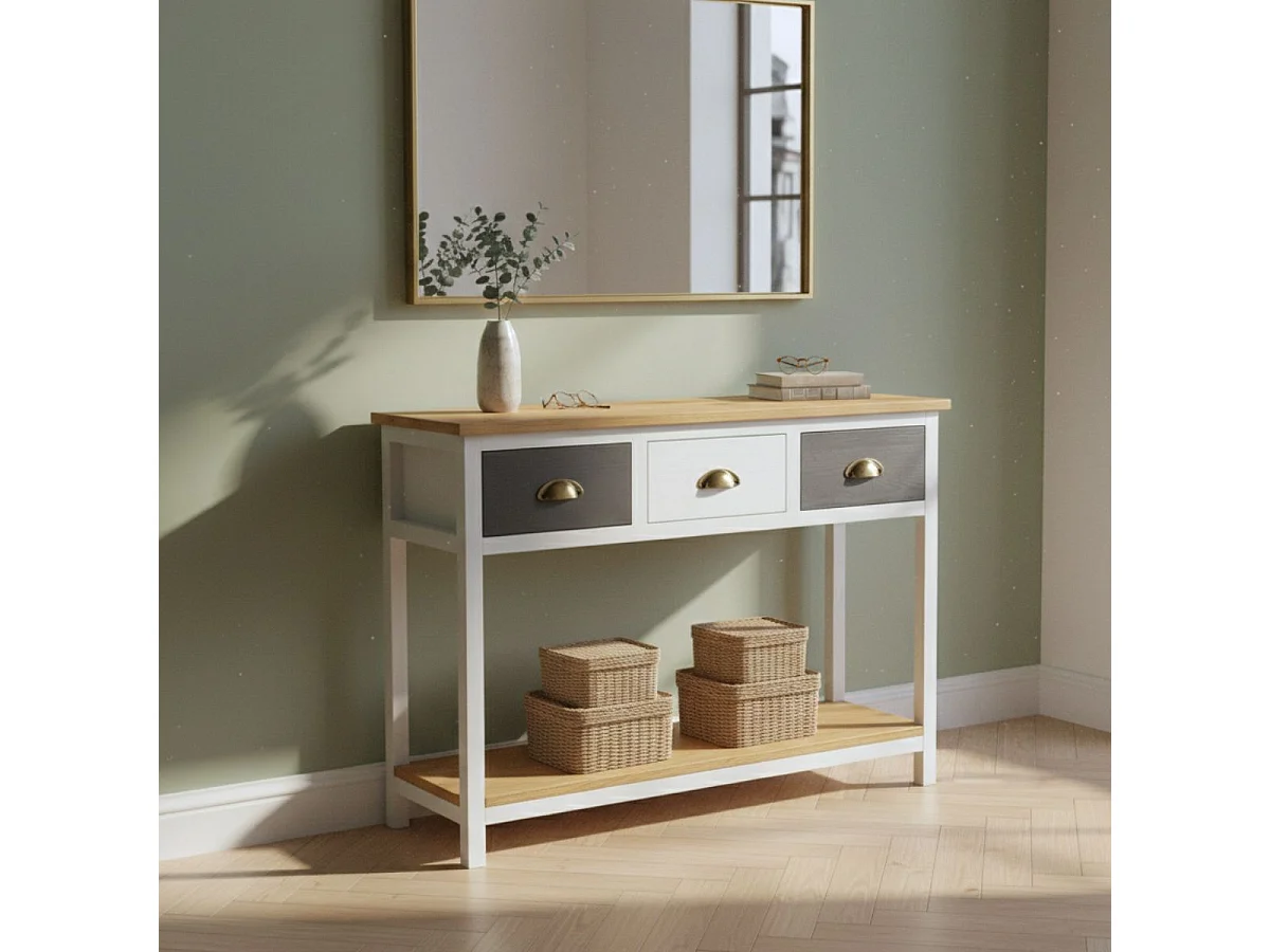 PATTY - Console 3 Tiroirs en Pin Teinté Gris et Blanc 2 Plateaux Naturel
