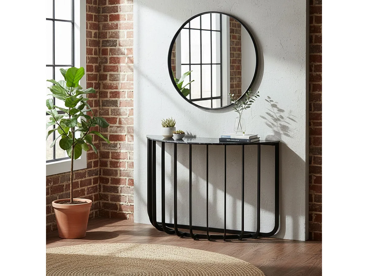 KLODIE - Console Demi-Lune Plateau Céramique Marbré Cadre Métal Gris Anthracite