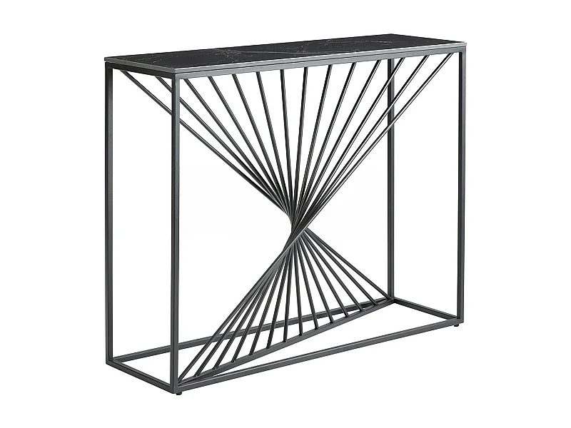 DOMUS - Console Plateau Céramique Marbré Noir Pieds Métal Noir