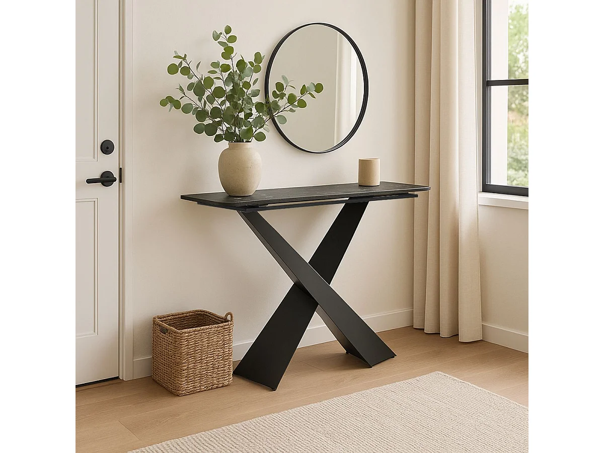 NAJMA - Console Plateau Céramique Marbré Noir Pieds Métal Noir