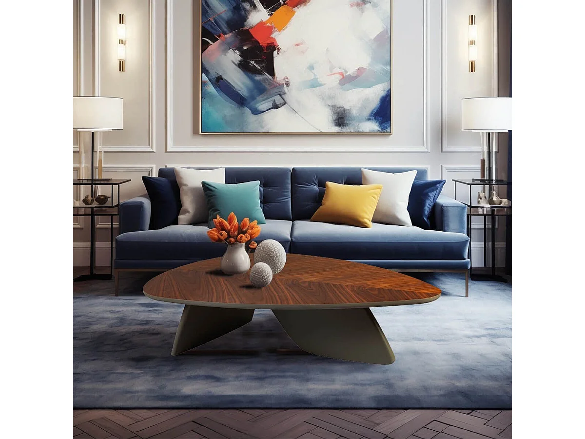 OJA - Table Basse Plateau Plaquage Noyer Pieds Laqué Kaki Mat