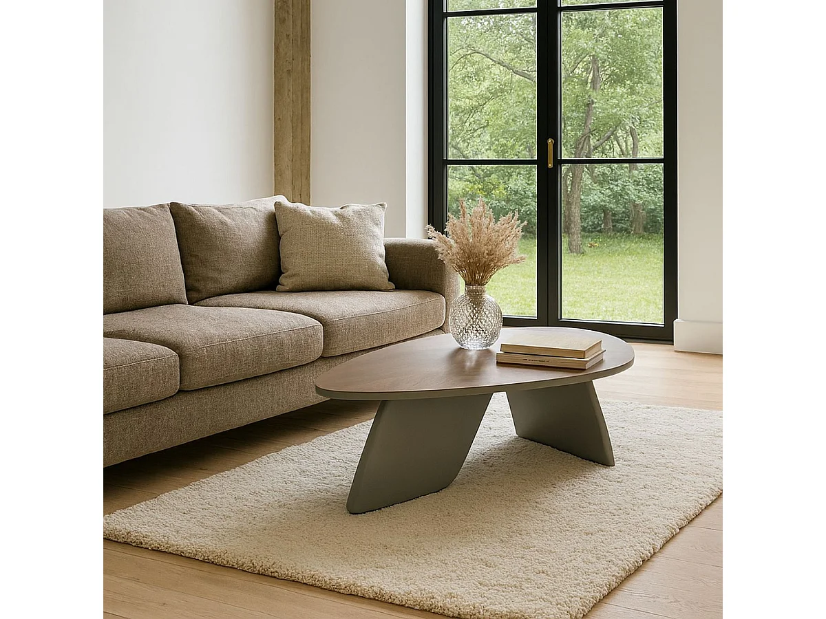 OJA - Table Basse Plateau Plaquage Noyer Pieds Laqué Kaki Mat