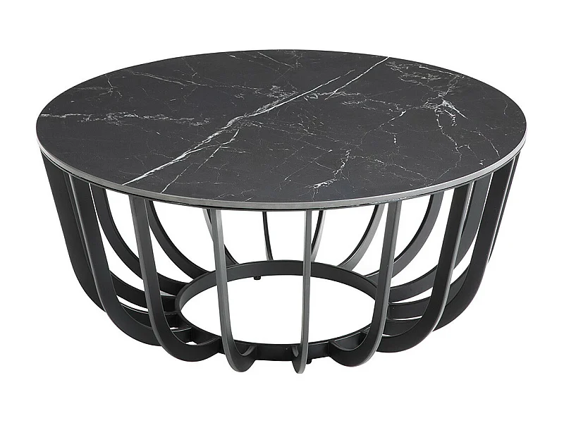 KLODIE - Table Basse Ronde Plateau Céramique Marbré Cadre Métal Gris Anthracite