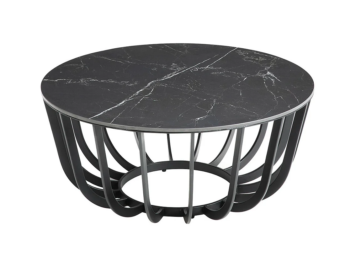 KLODIE - Table Basse Ronde Plateau Céramique Marbré Cadre Métal Gris Anthracite