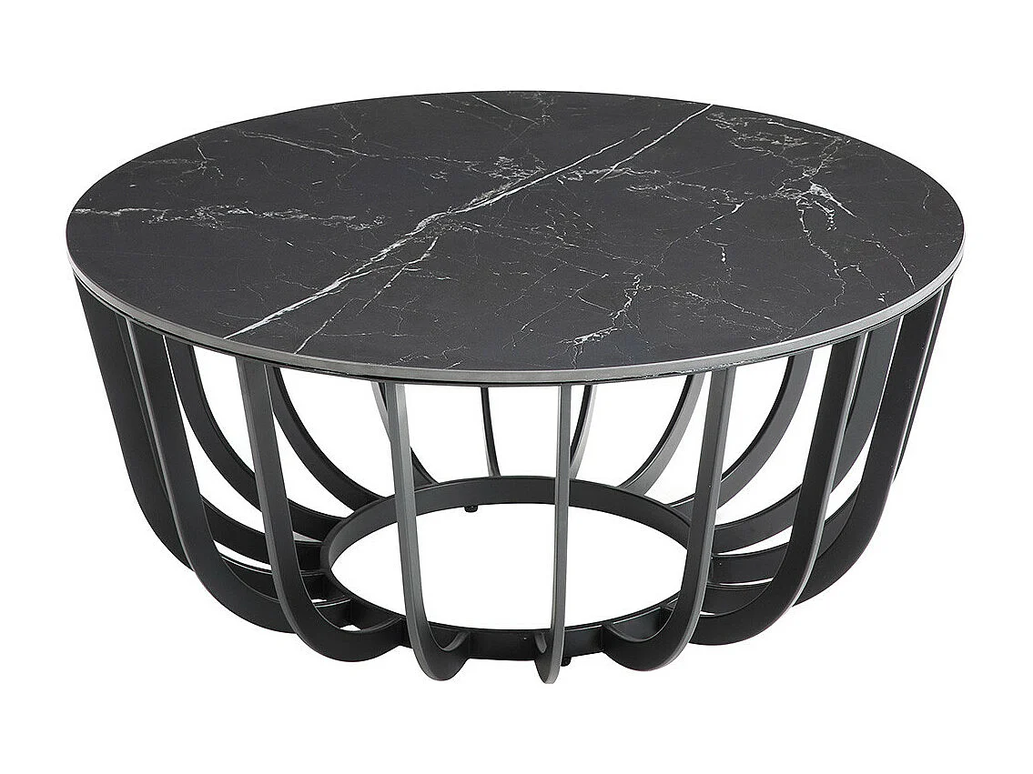 KLODIE - Table Basse Ronde Plateau Céramique Marbré Cadre Métal Gris Anthracite